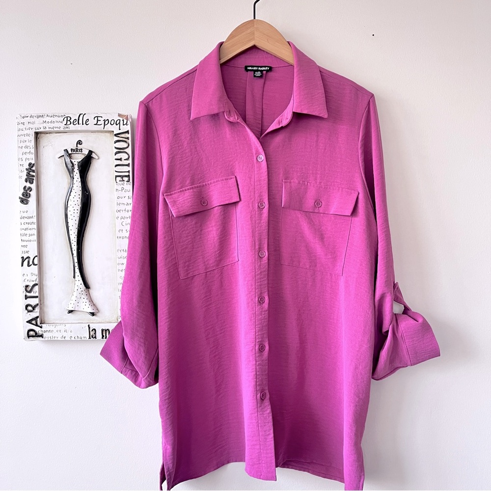 Hilary Radley Purple Tab Sleeve Button Down Women’s Top Size L
